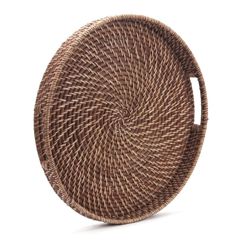 DECRAFTS Round Rattan Woven Serving Tray with Handles Ottoman Tray for Breakfast, Drinks, Snacks for Coffee Table, Home Decorative (Honey Brown, 13.8"x2") - Image 2